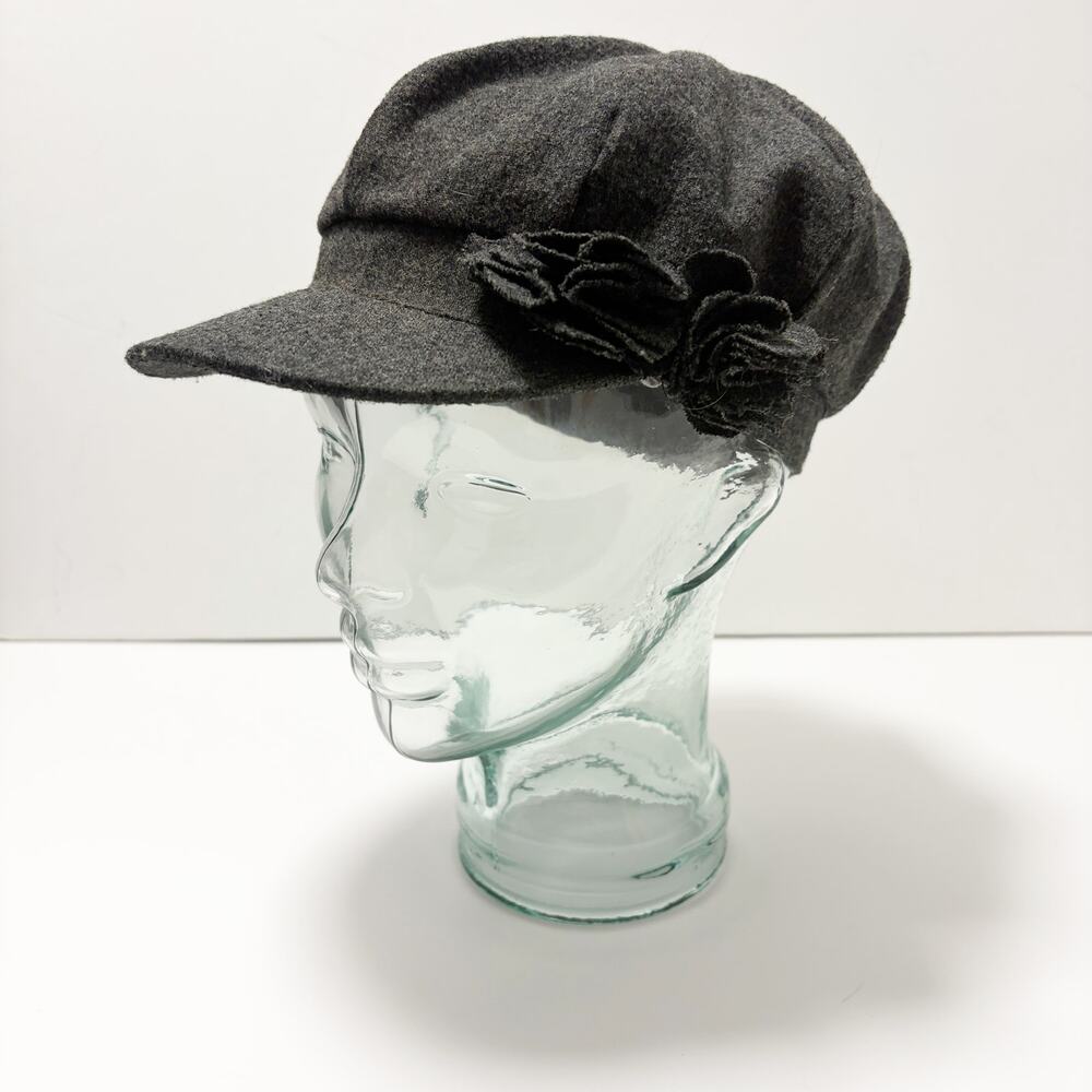 90's Y2K Gray Wool Like Newsboy Cap Double Flower Band Elastic Back OS Fits Most